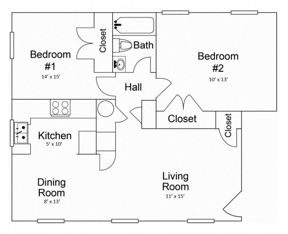 Floor plan for 2 beds, 1 bath, 780 sqft